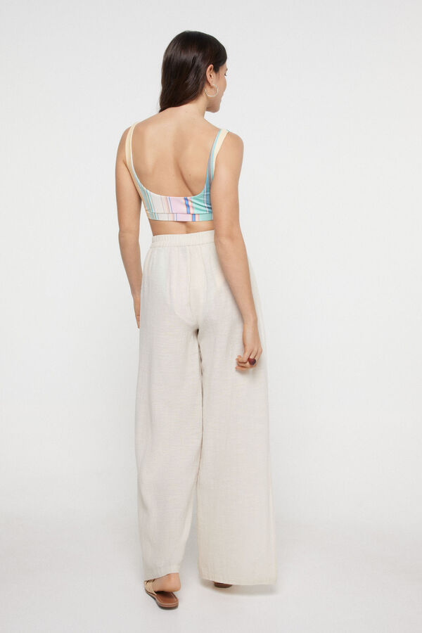 Pieces Cal&ccedil;as compridas de mulher de linho e algod&atilde;o com cintura el&aacute;stica. estampado