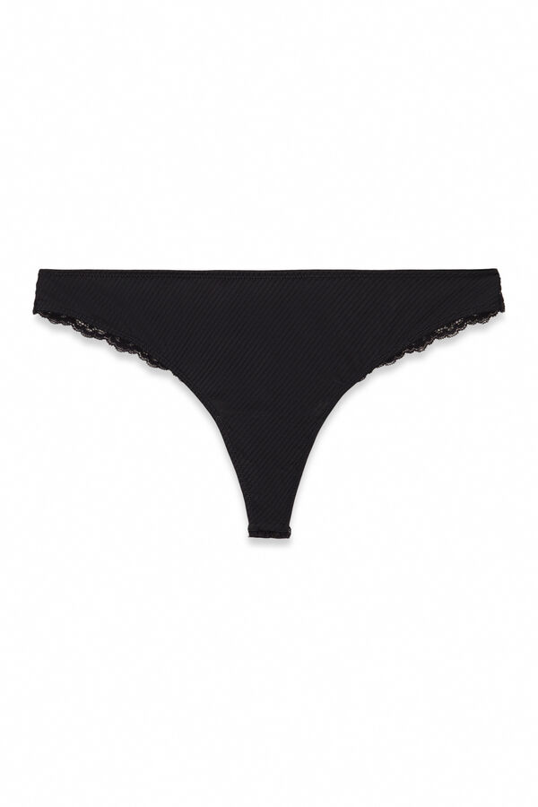 Women'secret Tanga microfibra rayada y encaje negra negro