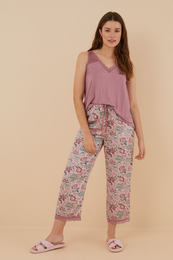 Women'secret Pijama tirantes pantal&oacute;n Capri flores viscosa sat&eacute;n rosa