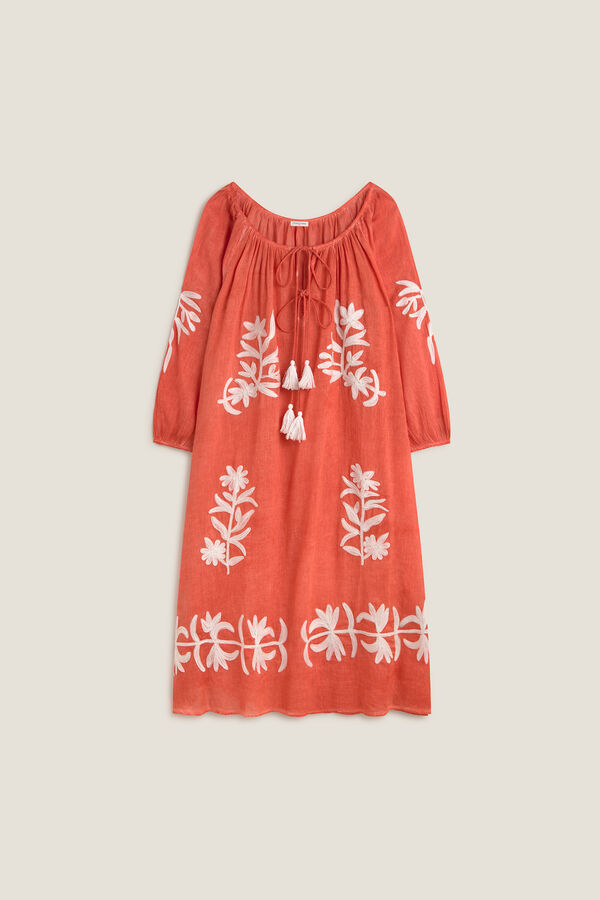 Textura T&uacute;nica algod&atilde;o detalhe bordado vermelho