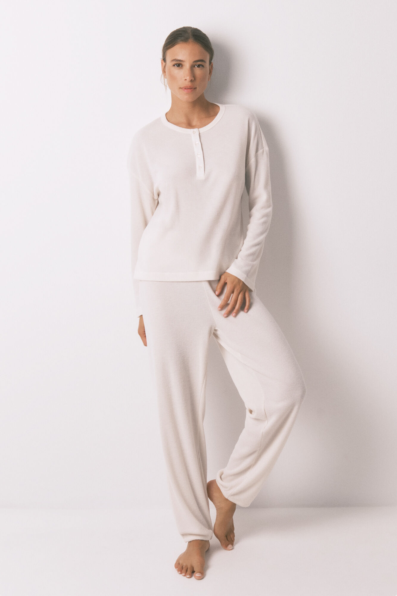 Women'secret Pijama largo textura waffle blanco