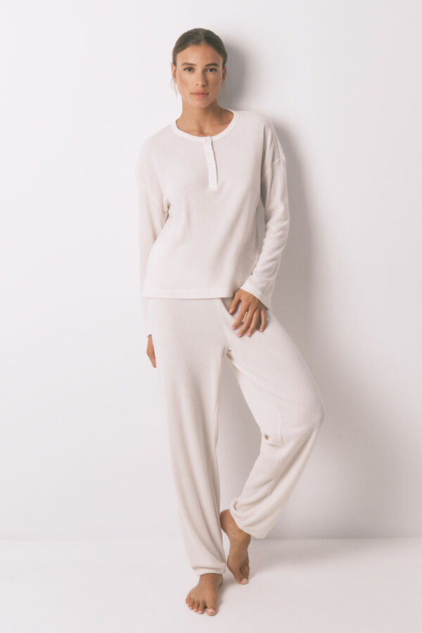 Women'secret Pijama largo textura waffle blanco blanco