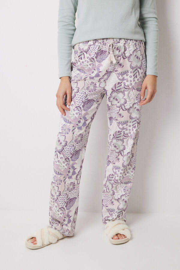 Women'secret Pantal&oacute;n largo 100% algod&oacute;n flores morado/lila
