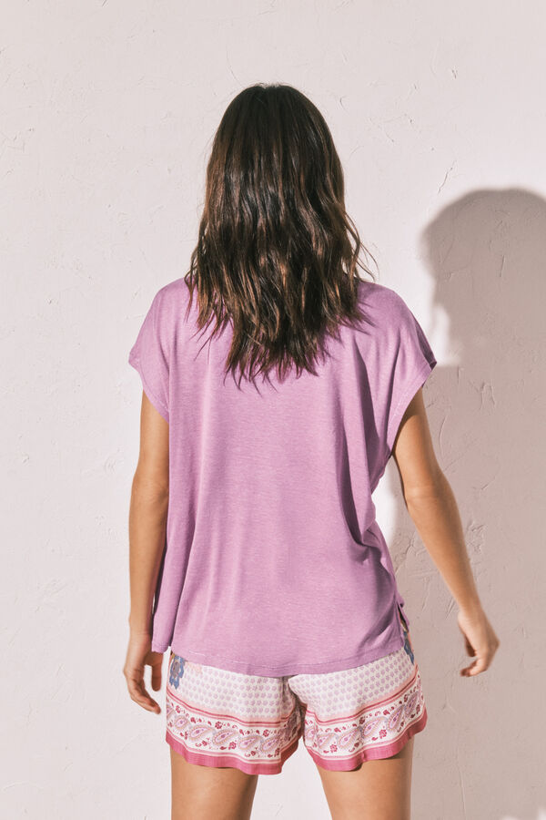 Women'secret T-shirt curta em viscose e linho lil&aacute;s rosa