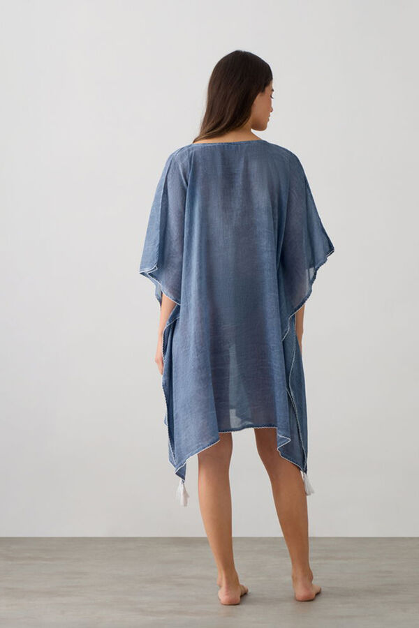 Textura T&uacute;nica algod&oacute;n bordado borlas flores azul