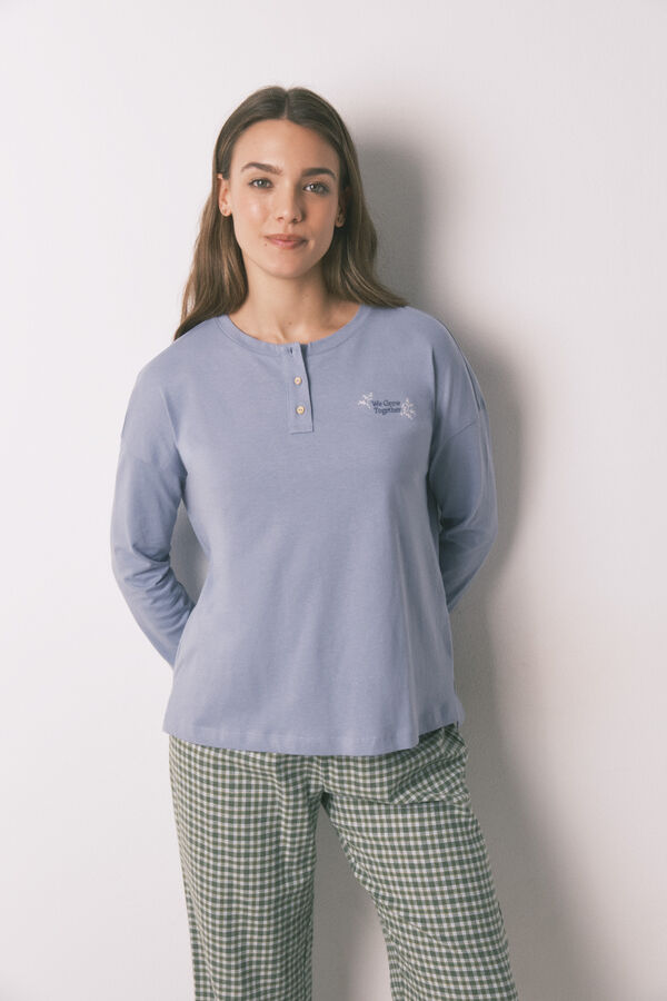 Women'secret Pijama largo algod&oacute;n pantal&oacute;n cuadros azul