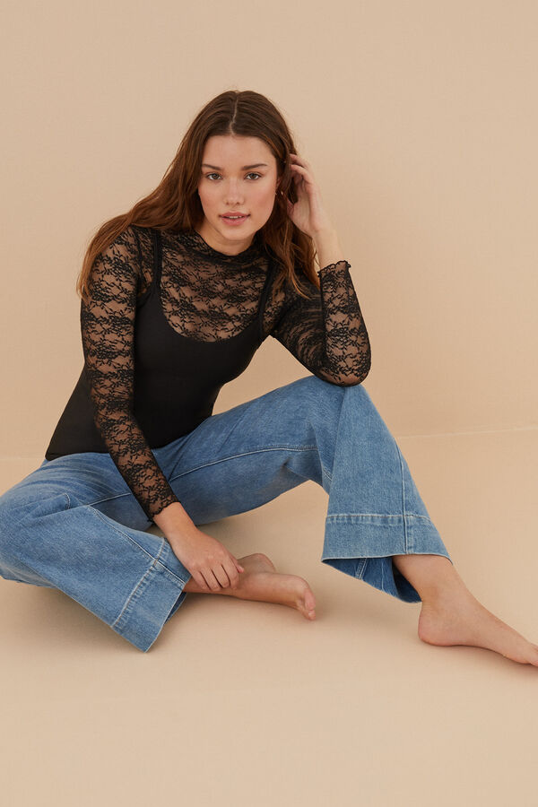 Women'secret Camiseta encaje negra negro