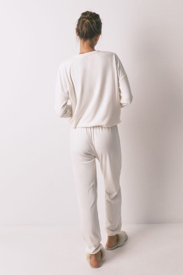Women'secret Pijama largo terciopelo suave blanco brillo marfil