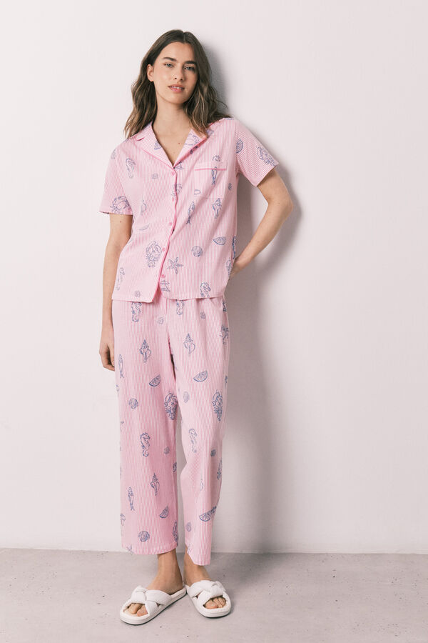 Women'secret Pijama camisero algod&oacute;n rayas rosa rosa