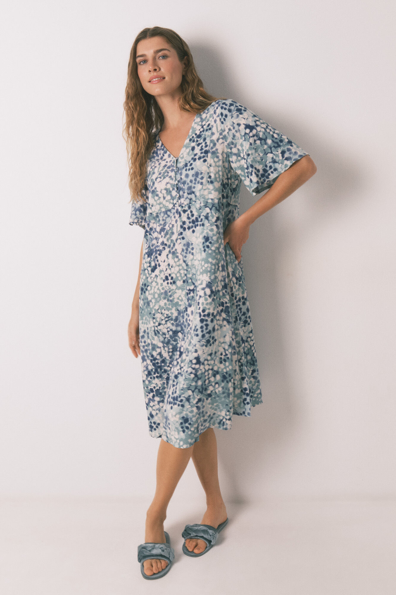 Women'secret Camisa de dormir midi jacquard floral verde