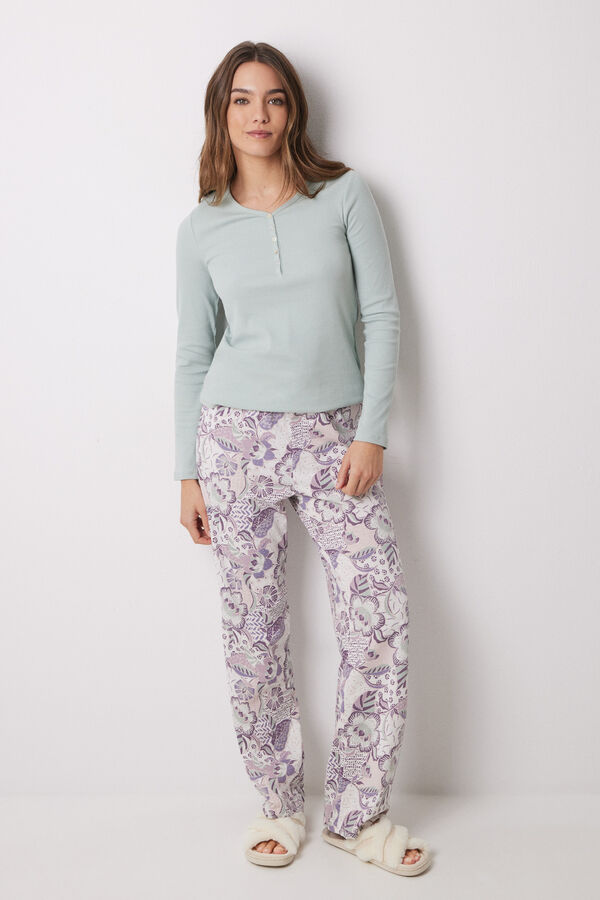Women'secret Pantal&oacute;n largo 100% algod&oacute;n flores morado/lila