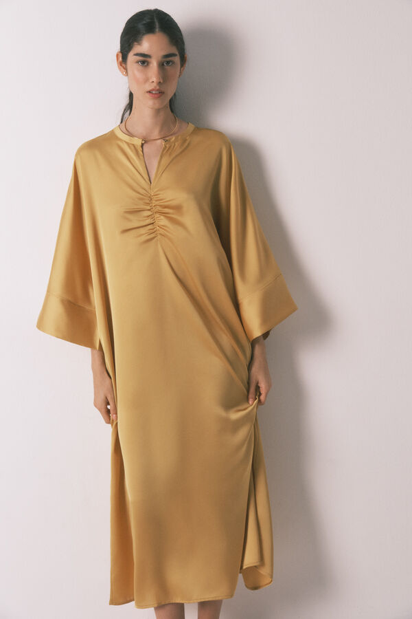 Women'secret Vestido caft&aacute;n sat&eacute;n mostaza amarillo