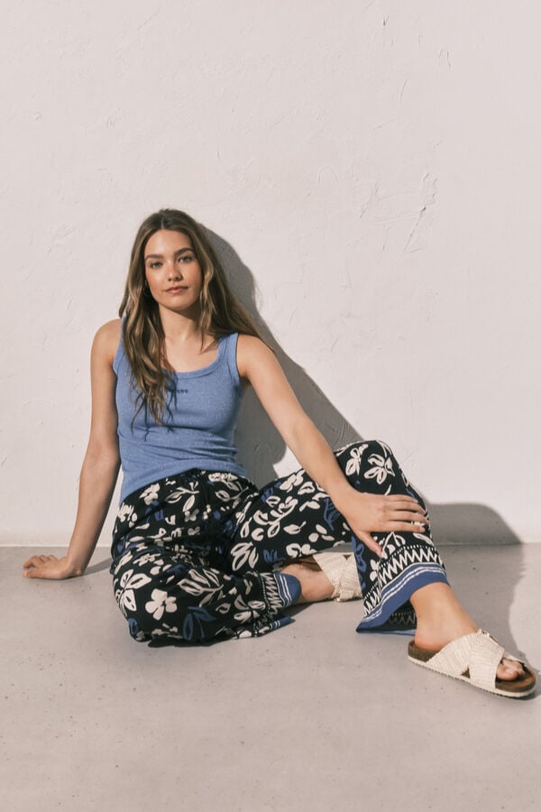 Women'secret Pantal&oacute;n largo estampado flores azul estampado