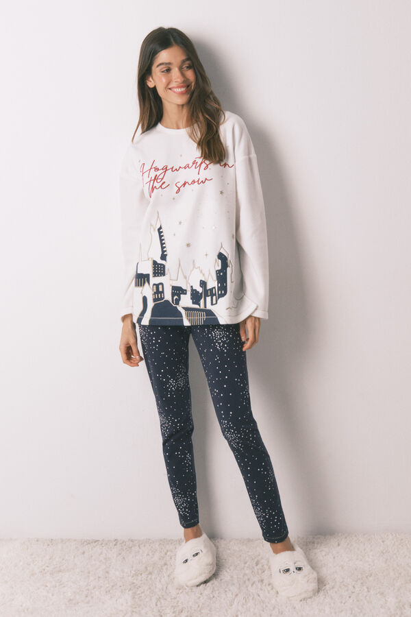 Women'secret Pijama largo polar estampado "Hogwarts"  marfil