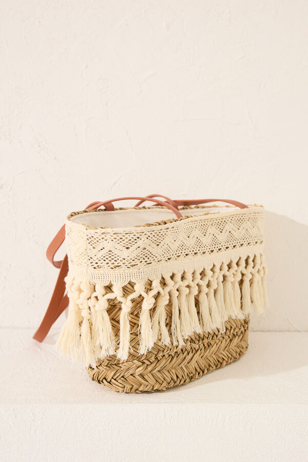 Women'secret Mala cesto de ráfia e renda cru