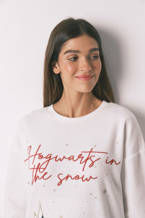Women'secret Pijama largo polar estampado "Hogwarts"  marfil