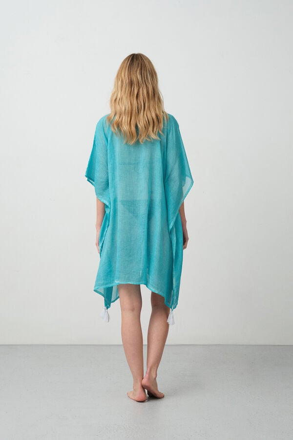 Textura T&uacute;nica algod&oacute;n detalle bordado turquesa