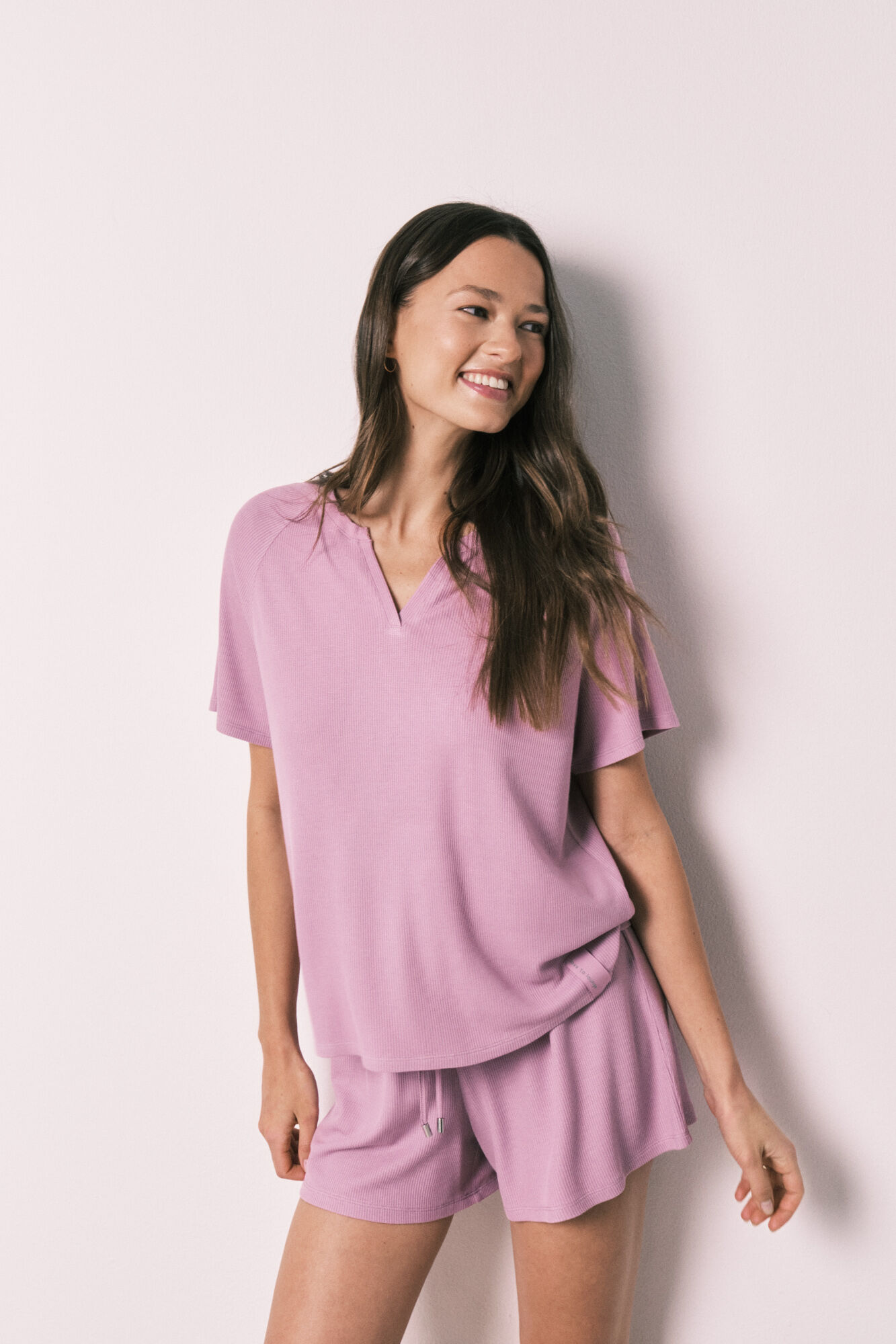 Women'secret Pijama curto em tecido waffle rosa