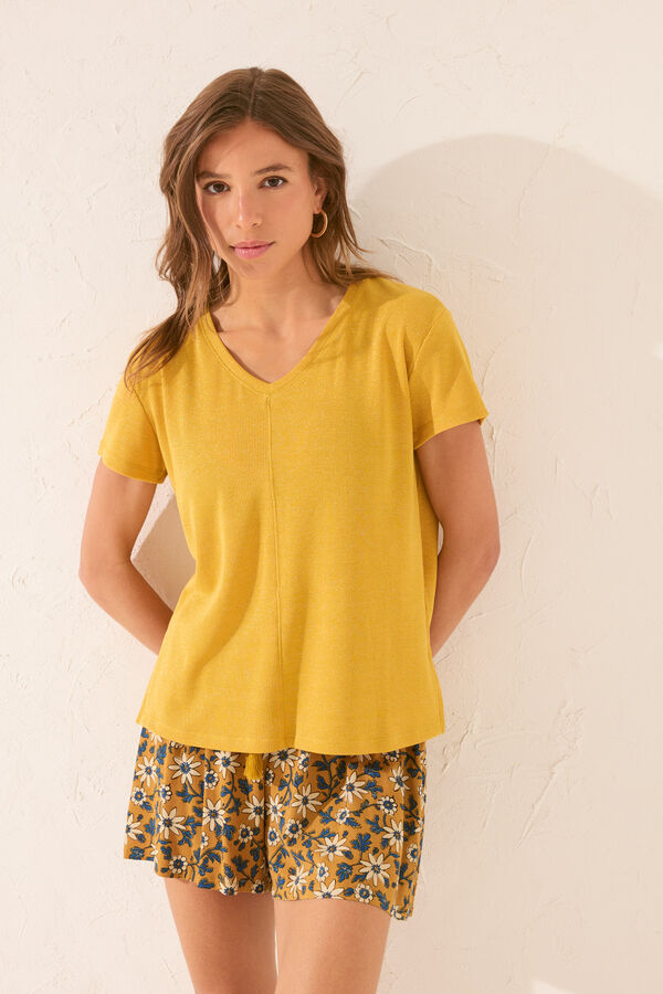 Women'secret T-shirt canelada manga curta com lurex dourado estampado