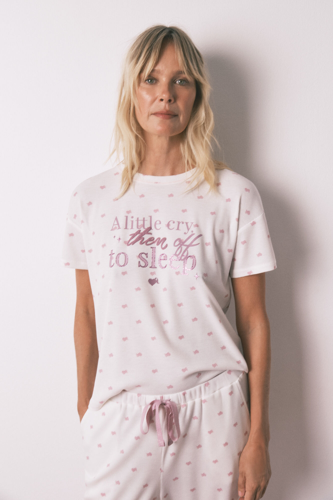Women'secret Pijama comprido com T-shirt curta em tecido waffle