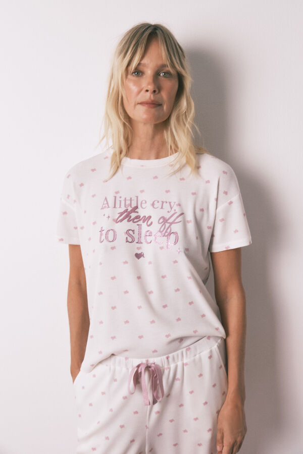 Women'secret Pijama comprido com T-shirt curta em tecido waffle branco