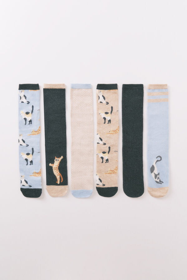 Women'secret Pacote de 6 meias longas de algod&atilde;o com gatos   azul
