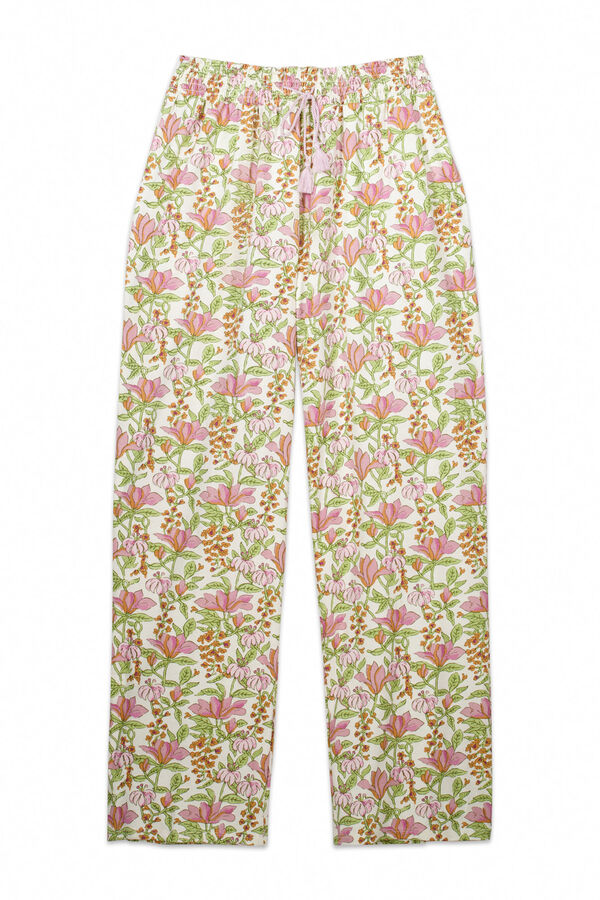 Women'secret Pantal&oacute;n largo 100% algod&oacute;n flores blanco