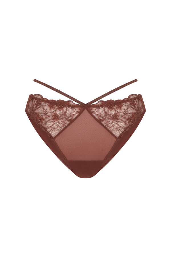 Women'secret Cueca brasileira de renda lurex marrom cru
