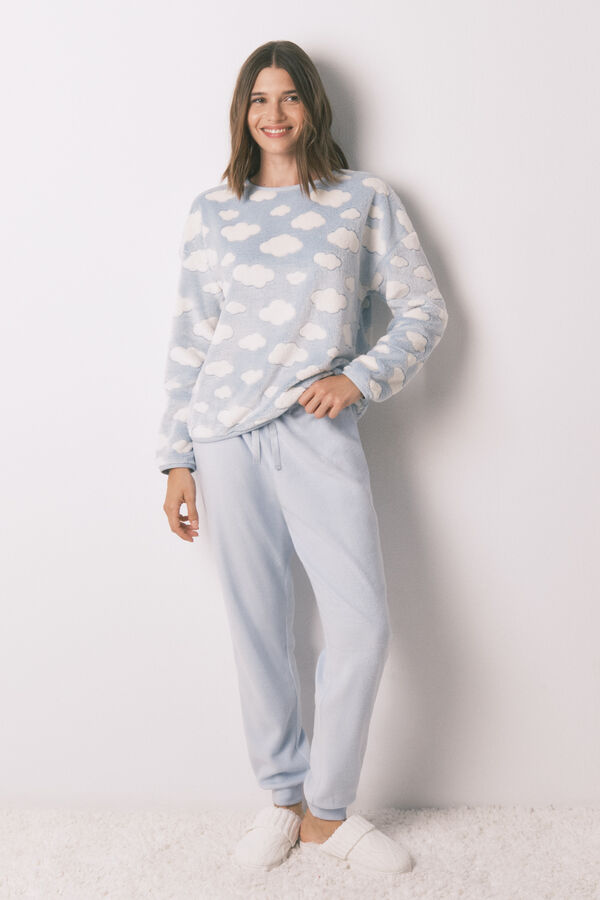 Women'secret Pijama largo polar mousse nubes azul