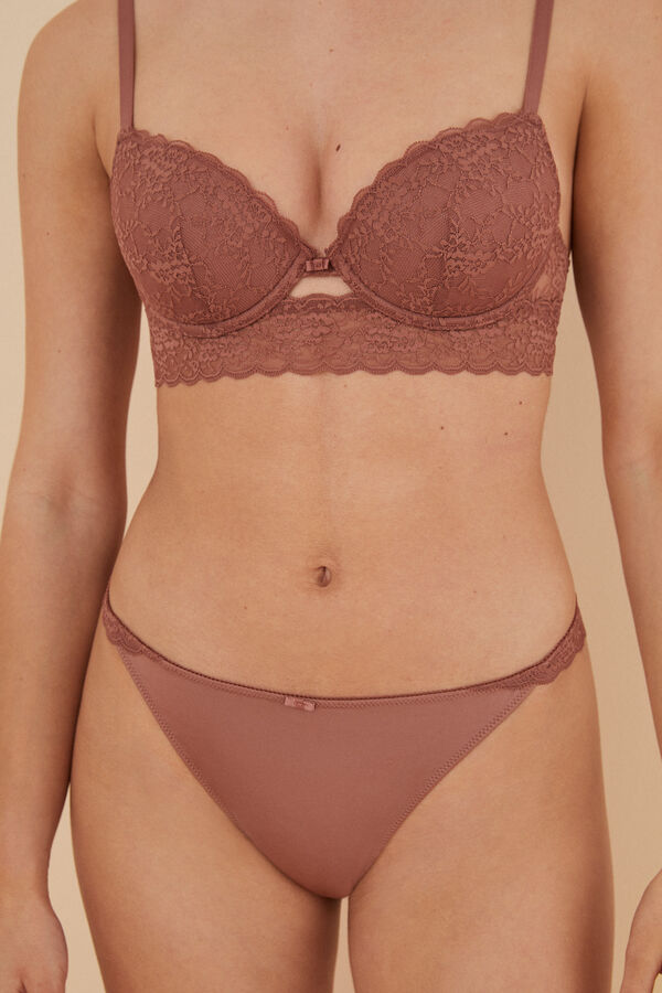 Women'secret Tanga microfibra encaje marr&oacute;n coral