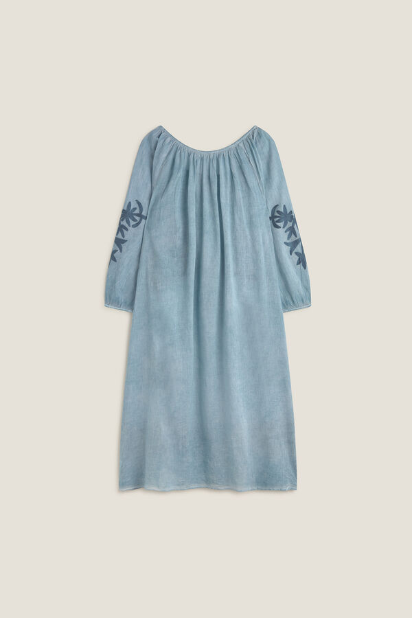 Textura T&uacute;nica algod&atilde;o detalhe bordado azul