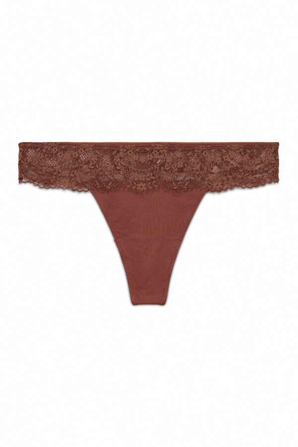 Women'secret Tanga de renda marrom na cintura cru