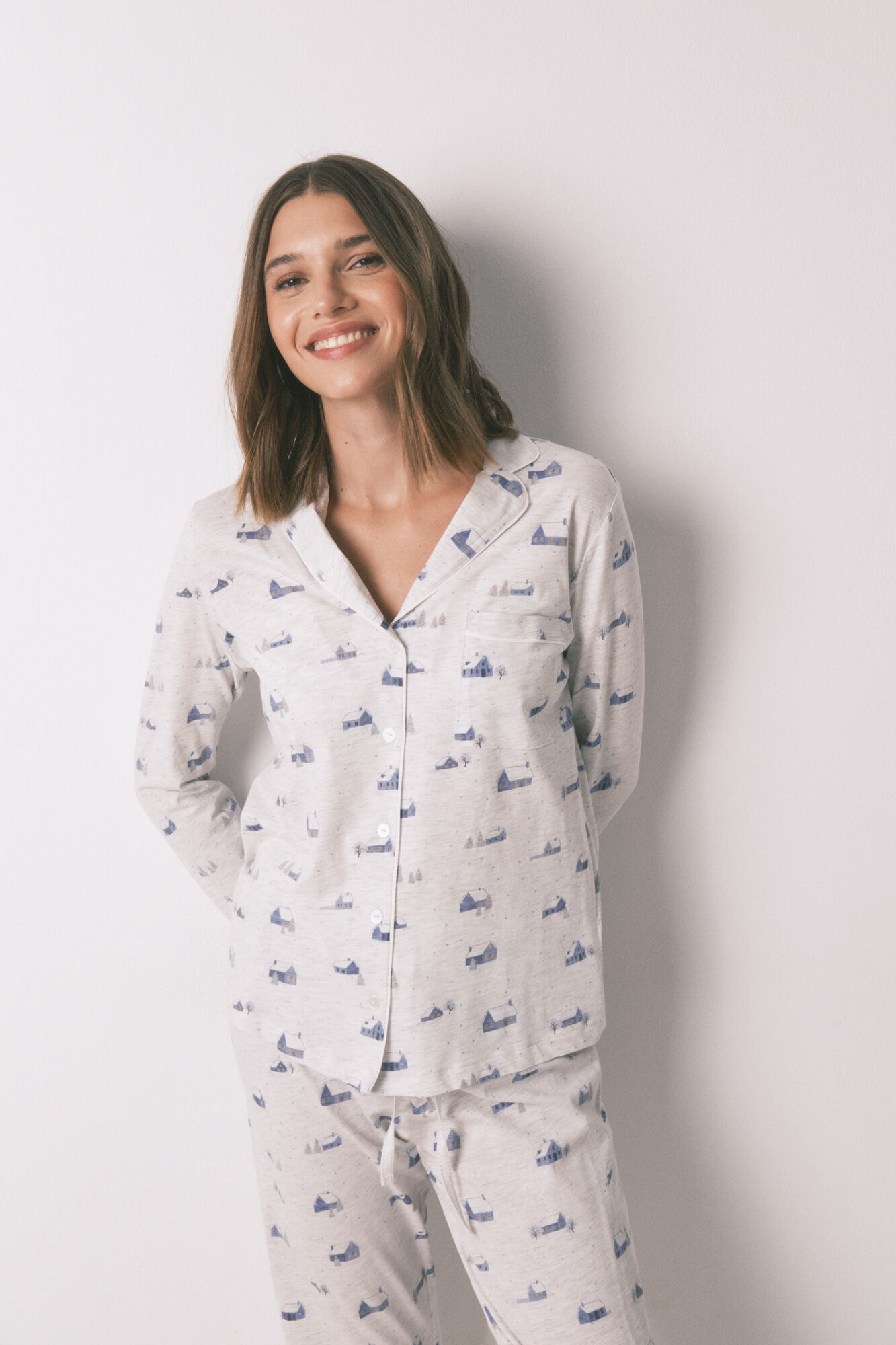 Women'secret Pijama camisero largo 100% algod&oacute;n gris print casitas