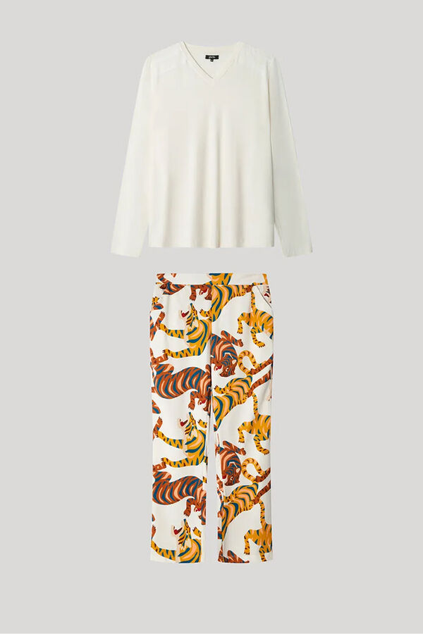 Gisela Conjunto pijama pantal&oacute;n estampado tigres beige