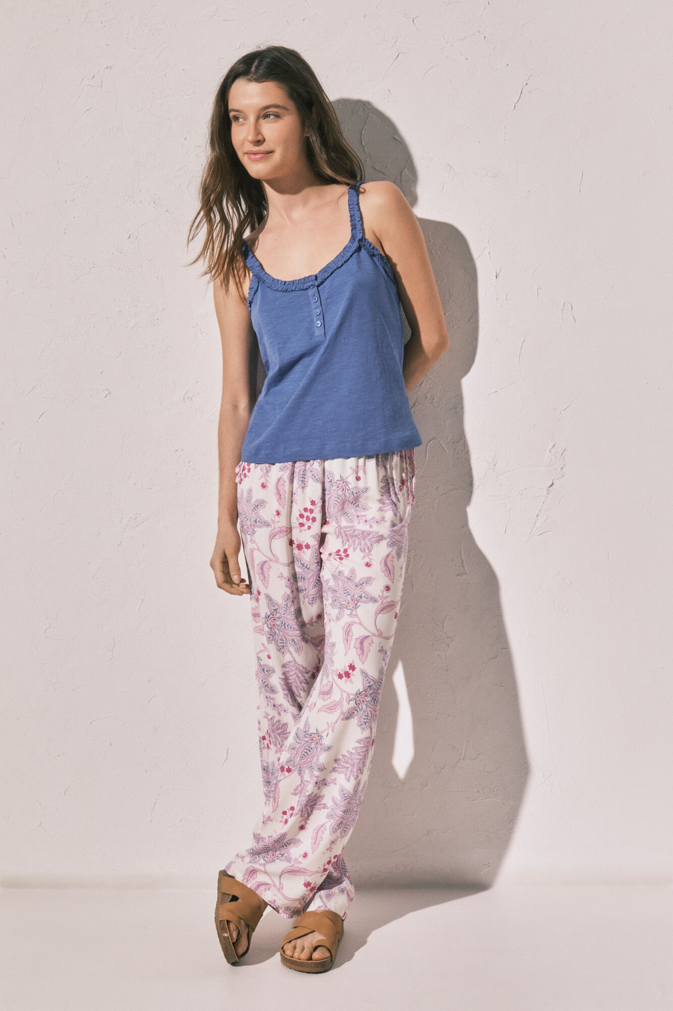 Women'secret T-shirt al&ccedil;as com folhos em algod&atilde;o azul