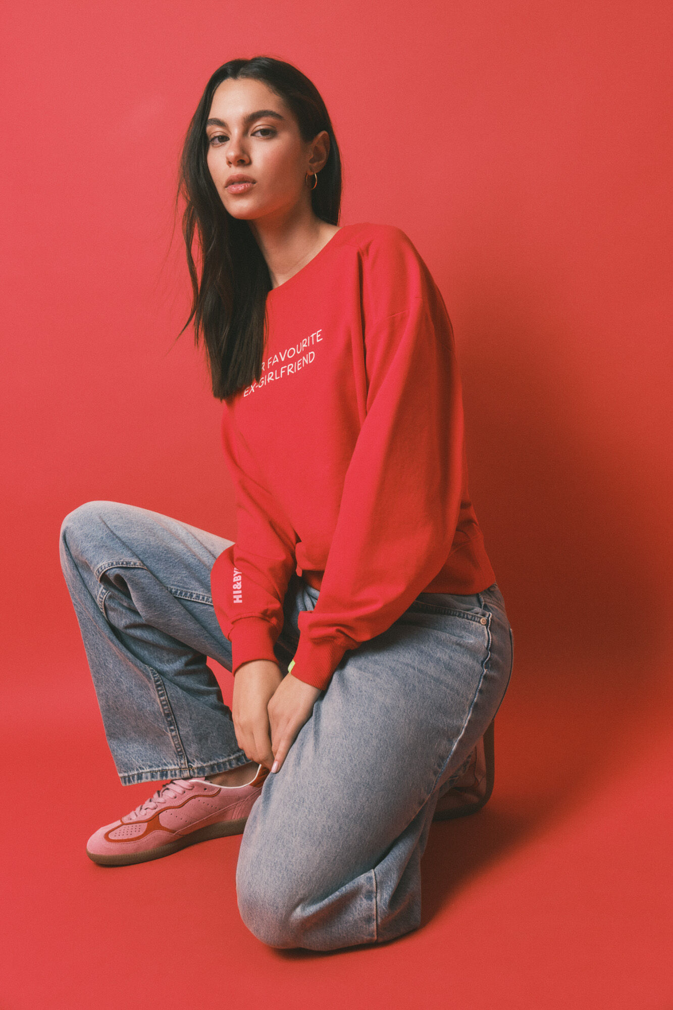 HI&BYE Sweatshirt curta lisa em felpa de algod&atilde;o vermelha
