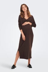 Only Maternity Vestido largo de punto premamá, con cuello V, color marrón chocolate. marrón