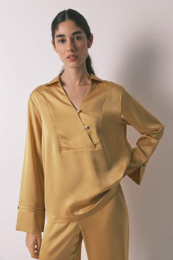 Women'secret Pijama camisero largo sat&eacute;n mostaza amarillo