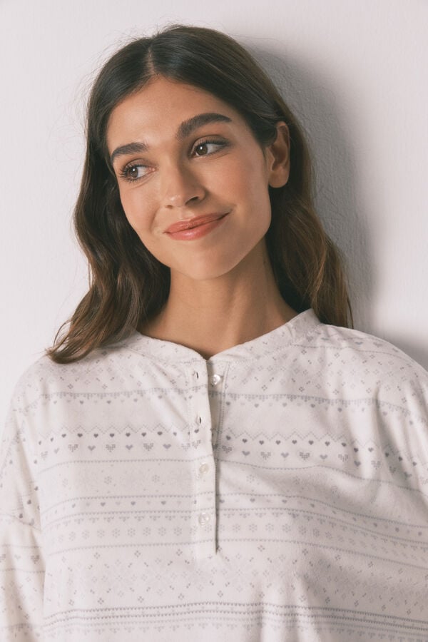 Women'secret Pijama largo polar suave cenefas gris blanco