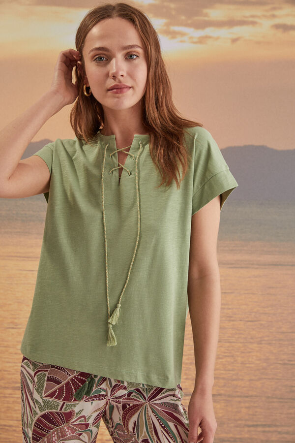 Womensecret Camiseta 100% algodón escote cordón cruzado verde verde