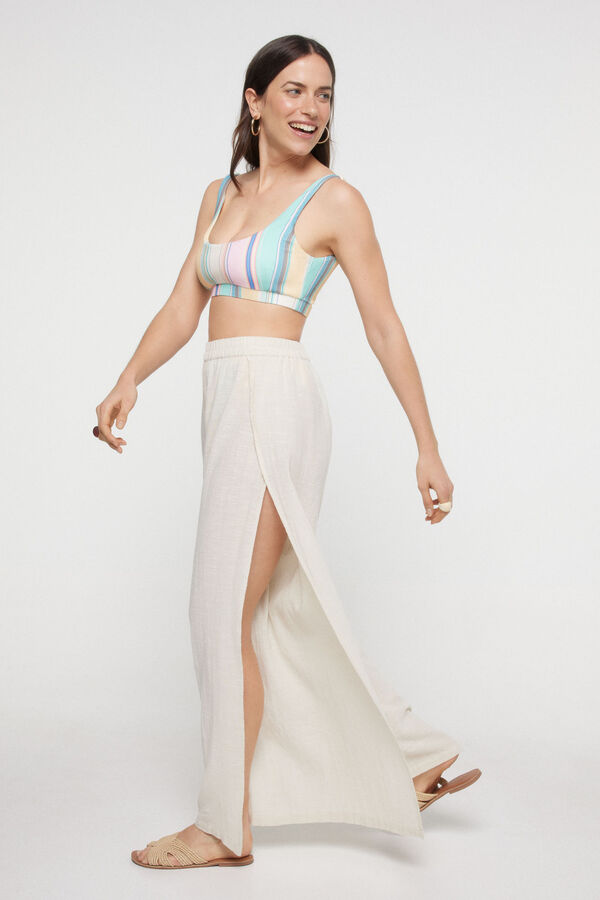 Pieces Cal&ccedil;as compridas de mulher de linho e algod&atilde;o com cintura el&aacute;stica. estampado