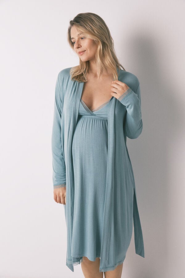 Women'secret Robe comprida maternity com cinto canelado verde verde