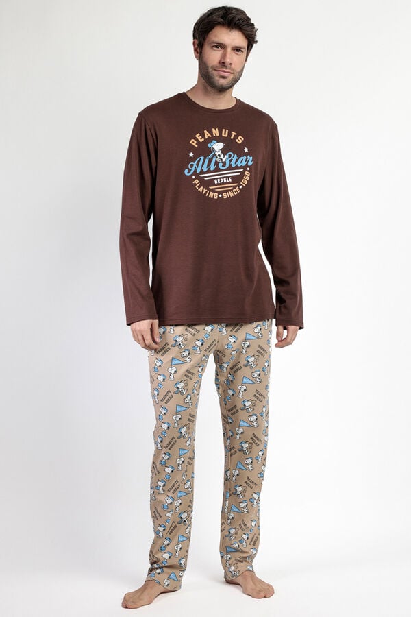 Admas Pijama largo Snoopy 100% algod&oacute;n para hombre marr&oacute;n