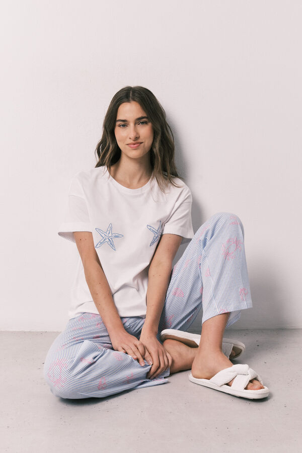 Women'secret Pijama comprido de manga curta em algod&atilde;o com estrelas marinho bege