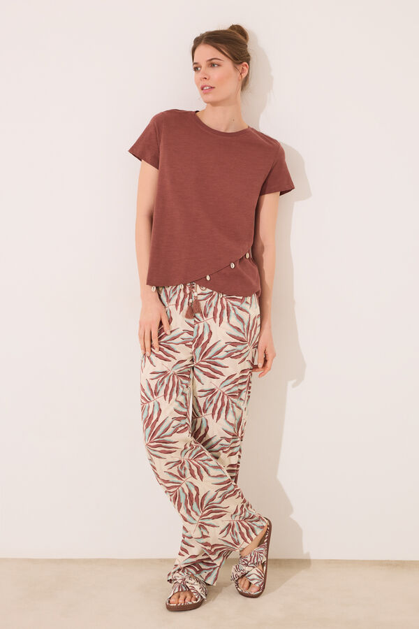 Women'secret Cal&ccedil;a de viscose com estampado de folhas marrons verde