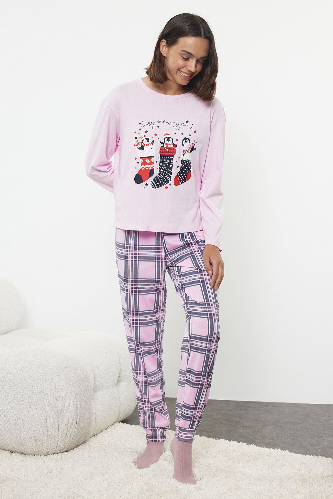 Trendyol Conjunto pijama Navidad cuadros rosa&nbsp;