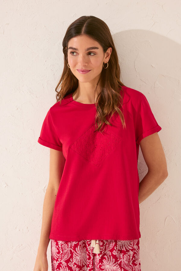 Women'secret Camiseta manga corta 100% algod&oacute;n rojo bordado rojo