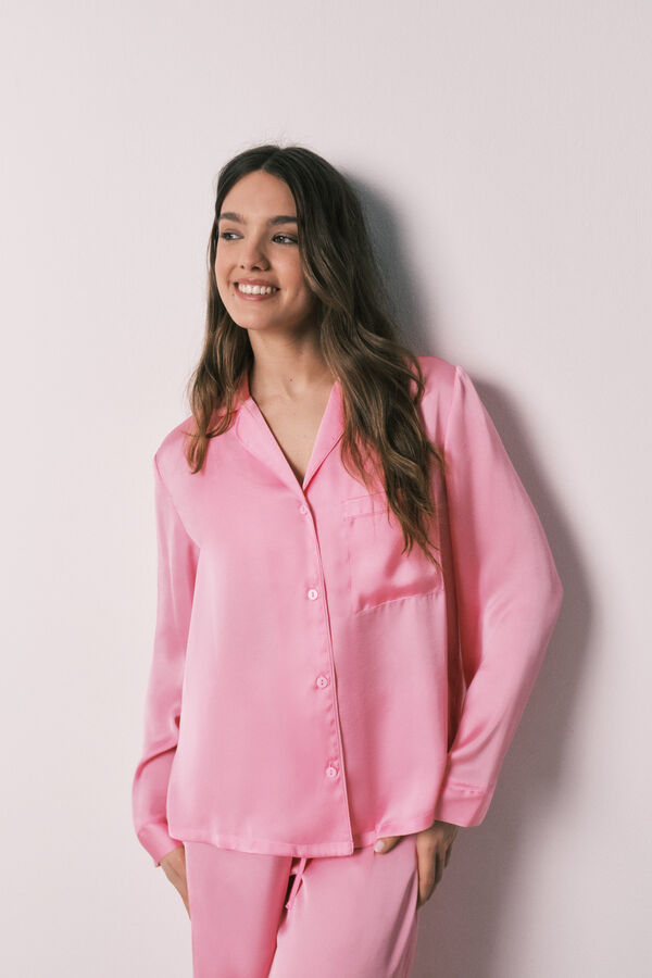 Women'secret Pijama camisero largo sat&eacute;n rosa rosa