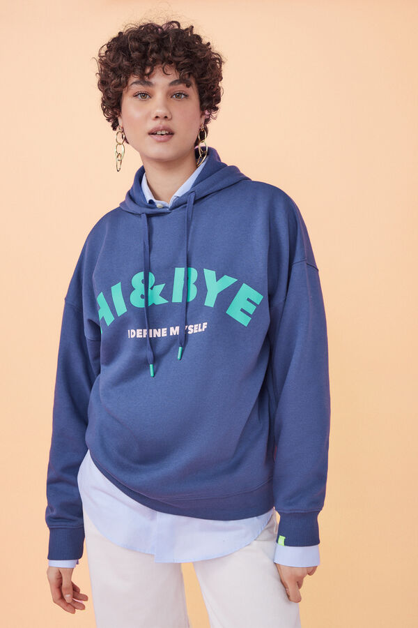 HI&BYE Sudadera capucha felpa azul oscuro logo azul