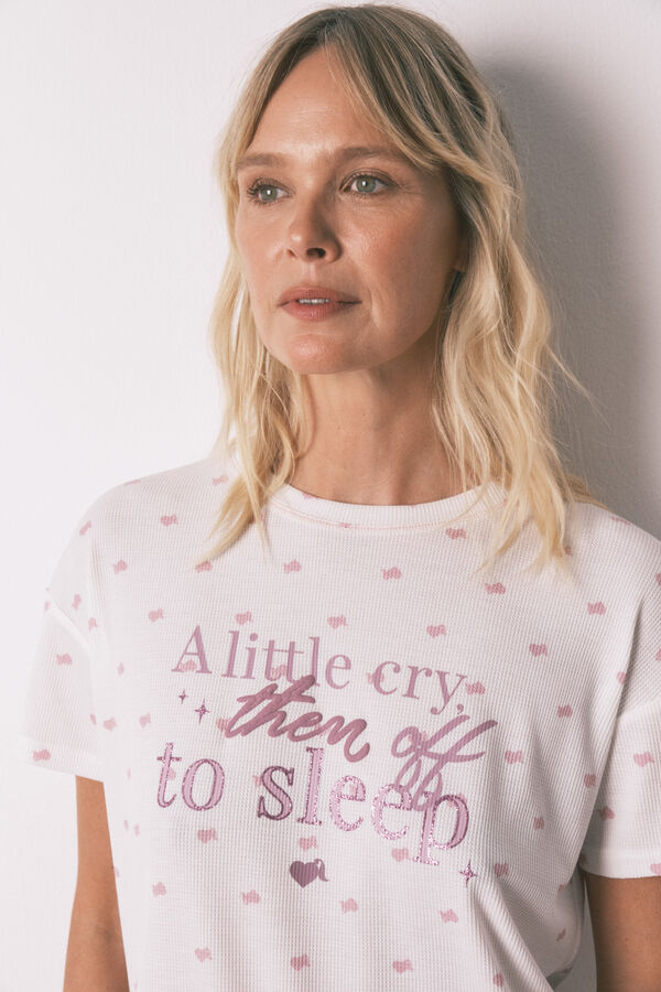 Women'secret Pijama comprido com T-shirt curta em tecido waffle branco